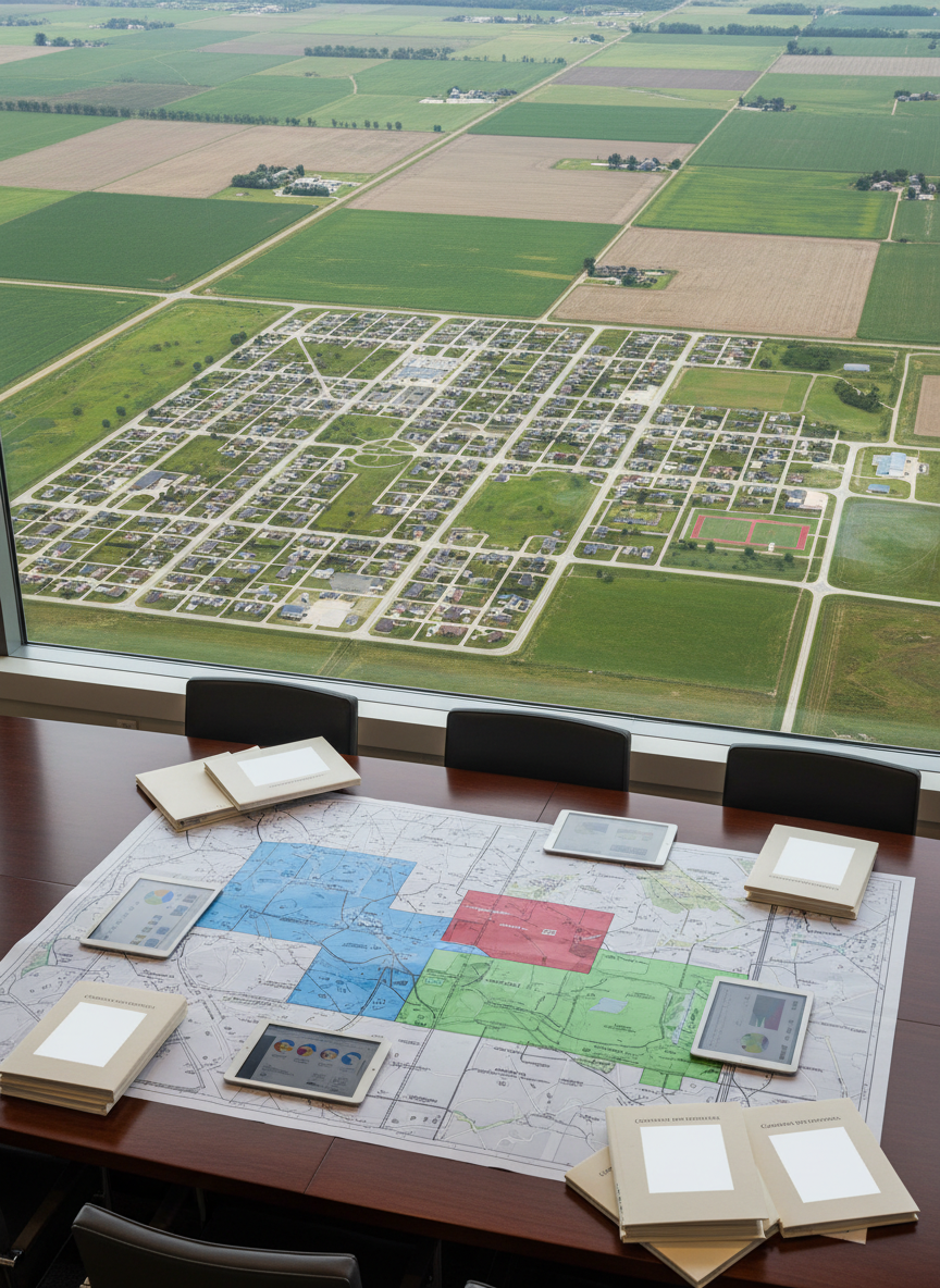 A wide aerial photographic view of a small Midwestern community, showing a clear pattern of streets, neighborhoods, parks, and surrounding farmland laid out in an orderly grid. In the foreground, a detailed, slightly glossy planning map rests on a dark wood conference table, with colored zoning areas, parcel outlines, and labeled overlays, while digital tablets and folders with blank form covers are neatly arranged around it. Soft, even daylight from large unseen windows illuminates the scene, creating a calm, transparent atmosphere. Captured at a slightly elevated angle with sharp focus throughout, the composition emphasizes organization, accessibility, and cooperative land use planning, in a clean, modern, documentary realism style.